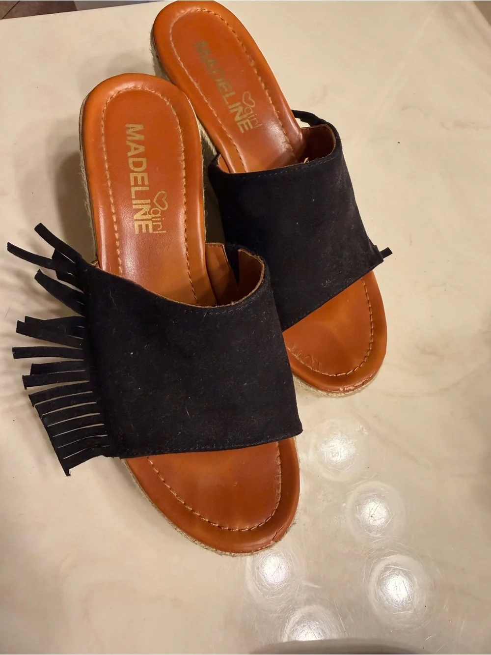 Madeline Black Suede Fringe Slide Mules with Tan Footbed